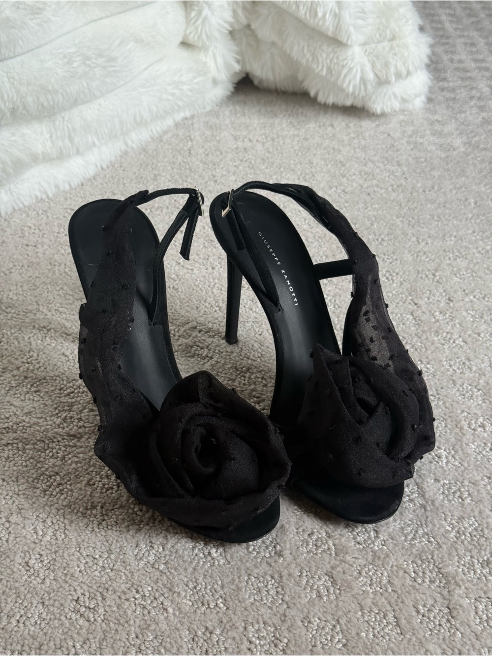Giuseppe Zanotti Black Rose Appliqué Slingback Stilettos